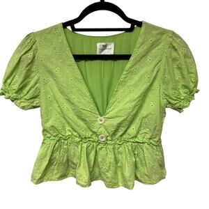 Line & Dot Willow Lace Eyelet V Neck Crop Peplum Top Green Revolve Size Small